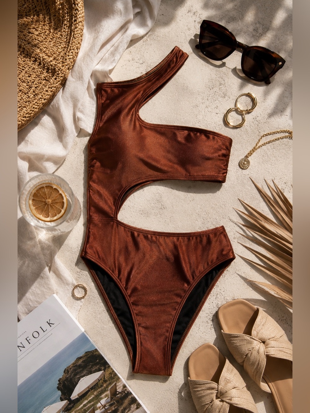 NWT Fe Noel Metallic Copper One Shoulder Cutout Swimsuit XXS Resort Swimwear
